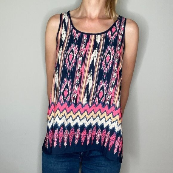 Le Lis Casual Multicolor Aztec Tank Top Blouse M Med Medium Blue Pink White USA - Picture 1 of 8